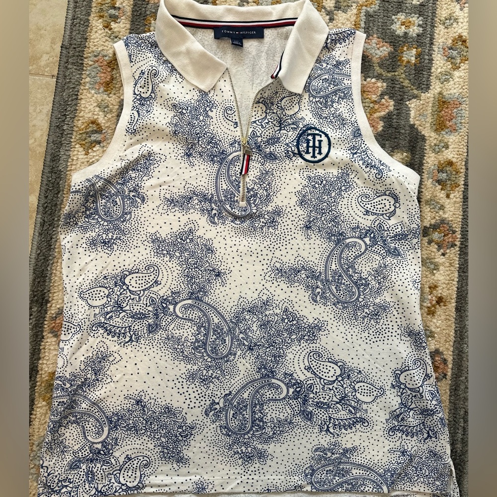 Womens LG Tommy Hilfiger tank sleeveless polo with zip white/blue paisley golf